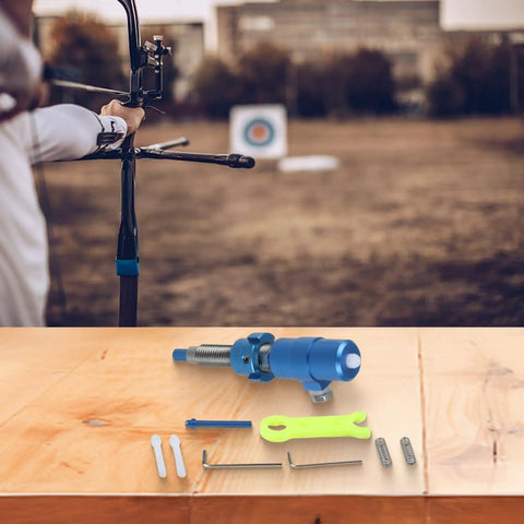 Aluminum Plunger Button Adjuster For Recurve Bows Dials In Exact Tension, blue and green with additional tools and parts.