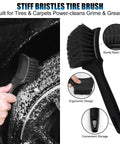 All In One Pro Grade Wheel And Tire Detailing Kit With Eight Brushes Including Four Wheel Cleaning Tools And Three Boar Hair Detail Brushes Plus A Hard Tire Scrubber Flexible Rim Cleaning Set For Cars Motorcycles And Trucks shown with tire scrubber brush cleaning a tire surface
