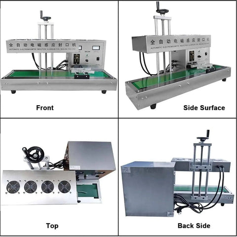 Heavy Duty Automatic Electromagnetic Induction Sealer For Plastic And Glass Bottles Seals, front and top view, stainless steel, 2200W.