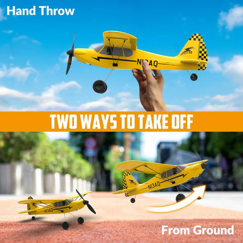 Sport Cub RC Plane Trainer No Brainer To Fly With 3 Flight Modes shown hand-thrown and taking off from ground outdoors