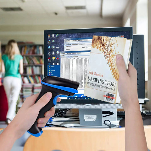 Person using 2.4G Wireless 1D Barcode Scanner for Retail and Warehouse, Ultra-Fast Cordless Reader with a book in a library setting