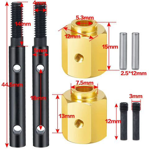 Four Brass 13mm Extended Wheel Hubs With Steel Stub Axles For 1 Tenth RC Crawler Upgrades Wider Track Width For AXIAL SCX10 III