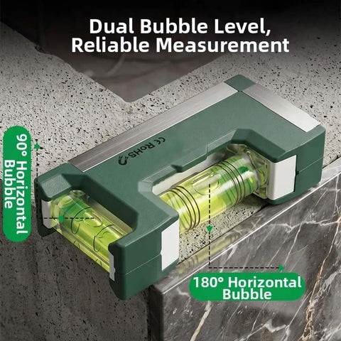Compact Magnetic Bubble Level 83mm Accuracy for spirit Level for Woodworking Plumbing Metal Surfaces Silver on marble surface.