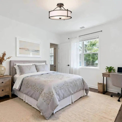 Three Light Drum Shade Semi Flush Mount Ceiling Light In Dark Bronze 18 Inch Close To Ceiling Fixture In Modern Bedroom