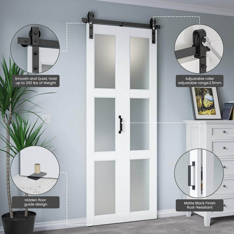 No Fuss Space Saver 30 By 84 Inch Bifold Sliding Barn Door With Hardware Kit Included, preassembled glass barn door in white finish