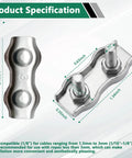 Product specification of 12 Piece M3 Stainless Steel Wire Rope Clips Set for 1.5mm to 3mm cables, showing dimensions and design features.