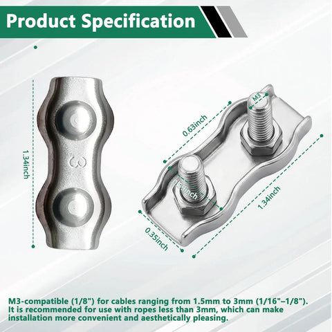 Product specification of 12 Piece M3 Stainless Steel Wire Rope Clips Set for 1.5mm to 3mm cables, showing dimensions and design features.