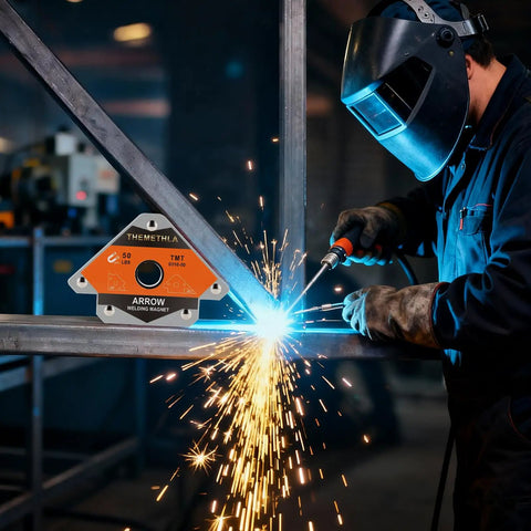 Heavy Duty Welding Magnets 50 Lb Each, 2 Piece Magnetic Welding Holder Set in use during a welding process with sparks