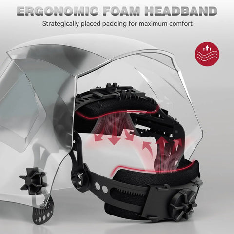 Internal Control Auto Darkening Welding Helmet With True Color Solar Powered Hood showing ergonomic foam headband and knobs
