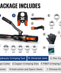 Heavy Duty Hydraulic Copper Press Tool With 360 Degree Rotating Head For Tight Spaces Includes Dies For Copper Pipe Fittings Half Inch Three Quarter Inch And One Inch And Pex Rings From Eighth Inch To One Inch HT1950E, package contents