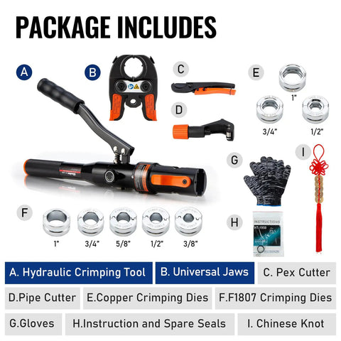 Heavy Duty Hydraulic Copper Press Tool With 360 Degree Rotating Head For Tight Spaces Includes Dies For Copper Pipe Fittings Half Inch Three Quarter Inch And One Inch And Pex Rings From Eighth Inch To One Inch HT1950E, package contents