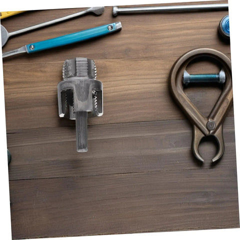 Heavy Duty 3 Pc Pipe Threader Tool Kit For Electric Drill, close-up of steel internal cutter on wooden surface.