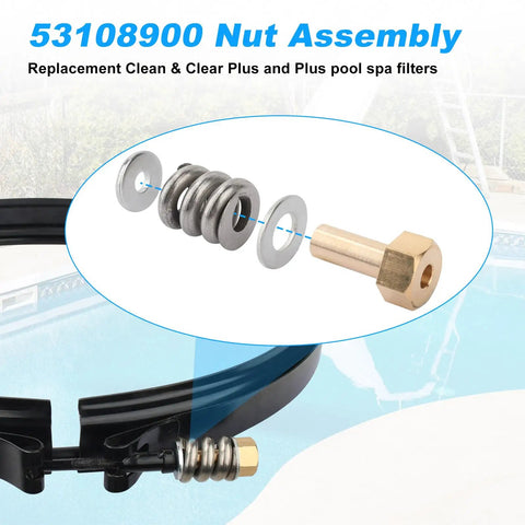 Slick Spring Barrel Nut Assembly For Pool And Spa Filter Housing Clamp Kit featuring brass nut, tension spring, and washers.