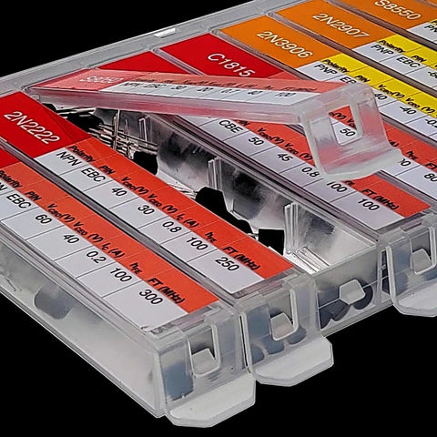 Close-up of the 250Pc Assorted TO92 Transistors Kit With 10 Models NPN PNP Bipolar Power Transistors A1015 to 2N3904