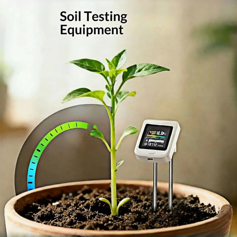 All In One Soil Moisture And pH Meter Set For Home Gardens next to a plant in a pot with digital display readings.
