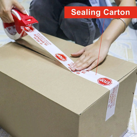 Security Packing Tape With Pre Printed If Seal Is Broken Check Contents Before Accepting Seal Integrity Message No Nonsense Durable White Tape 2 Inch X 110 Yards 6 Roll Pack With Dispenser High Adhesion 2 4 Mil For Moving And Shipping sealing a cardboard box