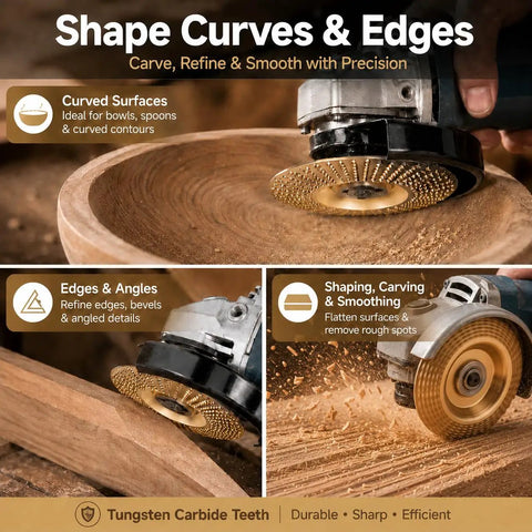 Multi Disc Wood Carving Kit With Tungsten Carbide Wheels And Upper Clamping Plates For Cutting, Shaping, Sanding, And Grinding