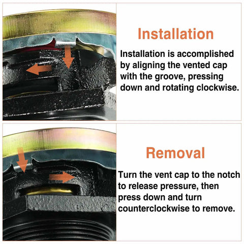Installation and removal steps for Rugged Ventilated Tank Cap With Iron Base Kit For Diesel Fuel Transfer