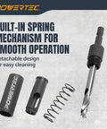 Pro Grade Shelf Pin Jig Kit With 1/4 Inch Self Centering Drill Bit For Fast, Precise 3/8 Inch Shelf Holes shown disassembled, highlighting components.