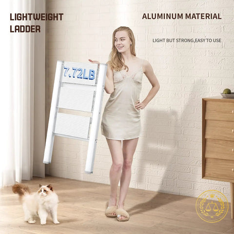 Woman holding Lightweight Aluminum 3 Step Folding Step Stool with Wide Anti Slip Pedals, 330 lbs capacity, in white.