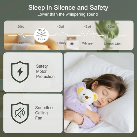 Child sleeping peacefully next to a teddy bear, demonstrating the quiet operation of FUMLTP 52 inch Modern Ceiling Fans with Lights APP/Remote Control, Nickel.