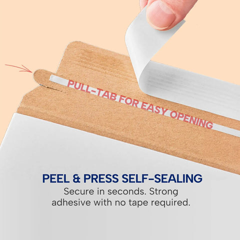 Close-up of Rigid Mailers 11x13 Inch Stay Flat Cardboard Mailers with peel and press self-sealing feature, showing finger peeling.