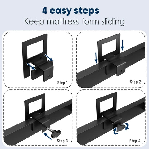 4-step guide showing Heavy Duty Adjustable Anti Slip Mattress Grippers For Bed Frame installation process for securing mattresses.