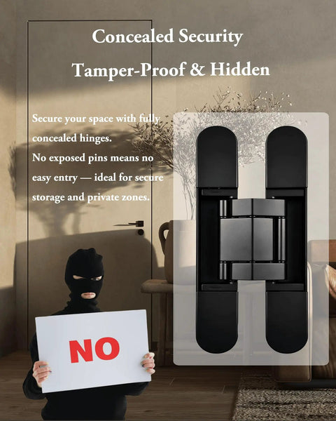Heavy Duty 7 Inch Invisible Hidden Door Hinges Zinc Alloy Concealed Hinge System For Large Wood Doors Holds Up To 176 Lbs Per Pair displayed with security theme.