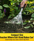 Hand Rake 16.5 Inches For Tight Spots And Flower Beds With 9 Flat Tines in use among plants, includes hanging hole for storage