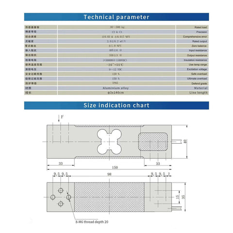 Technical and size charts for Single Point Load Cell For Weighing Platforms, Heavy Duty Rectangle Cantilever Sensor, Ultra Stable 0.2% Accuracy.