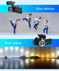 4K Video Camcorder For YouTube Vlogging, 36MP Photos, 18x Digital Zoom, slow motion and time lapse features displayed