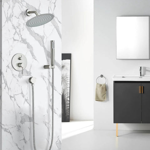 Brushed Nickel Shower System With 8 Inch Round Rain Shower Head And Handheld Spray, Complete Rough-In Valve And Trim Kit Included