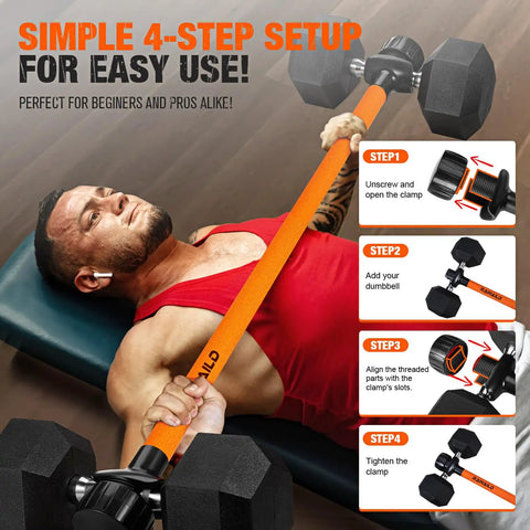 Dumbbell To Barbell Converter For Your Home Gym Turn Dumbbells Into A Barbell Set Weight Bar For Bench Presses Squats Hip Thrusts Deadlifts And Versatile Strength Training Gear in use with dumbbells on a bench.