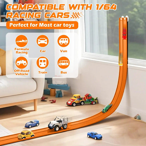 Flexible 15ft Race Track Starter Set With Suction Cups Roll Up Portable Track For Diecast 1 64th Cars in living room.