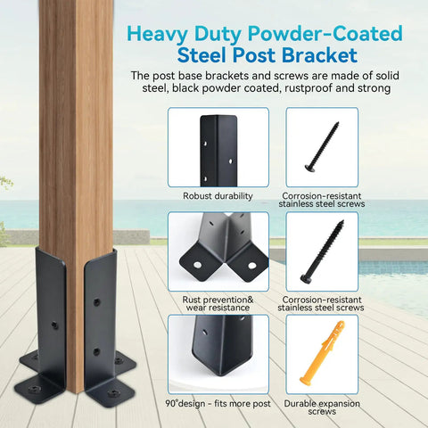 Eight Piece Adjustable Deck Post Anchor Base Brackets Set for wooden posts, includes screws, black powder-coated steel.