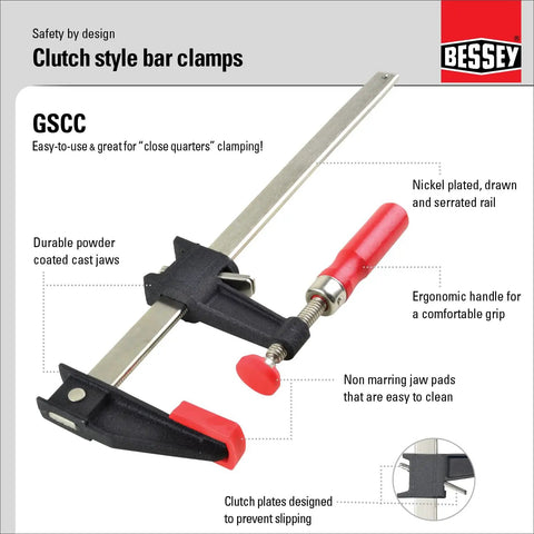 Clutch Style Bar Clamps 12 Inch 600 Lb Capacity, Ergonomic Handle, Non Marring Pads, Durable Cast Iron Jaws, Serrated Rail for Carpentry and Cabinetry, Heavy Duty Woodworking Clamp