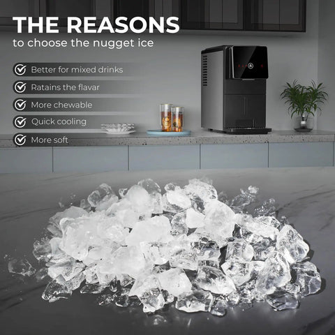 Countertop Nugget Ice Maker With Self Cleaning on kitchen counter with ice pile, showing benefits on screen
