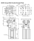 Technical drawing of DHRC Group with Parallel Straight Plate, showing dimensions and component details for pneumatic systems.