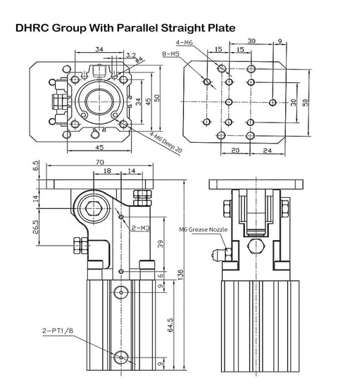 Technical drawing of DHRC Group with Parallel Straight Plate, showing dimensions and component details for pneumatic systems.