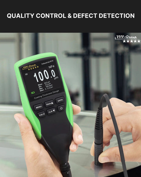 Coating Thickness Gauge Pro Grade For Automotive And Industrial QC With 0.1 Micron Resolution Fe And NFe Auto Detection External Probe For Steel And Aluminum 0 To 1250 Micrometers handheld gauge with probe showing 100 µm
