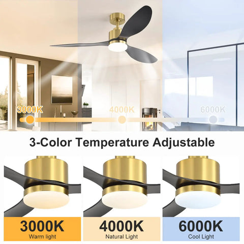 52 Inch Ceiling Fan With Lights And Remote Quiet Dc Motor 3 Reversible Blades Dope Modern Gold And Black Finish With 3 Color Led Light Fandelier for Bedroom or Living Room.