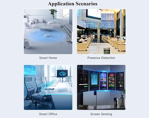 Application scenarios for 24GHz FMCW MmWave Radar Sensor For Real Time Human Motion Detection And Micro Movement Tracking, including smart home and office setups.