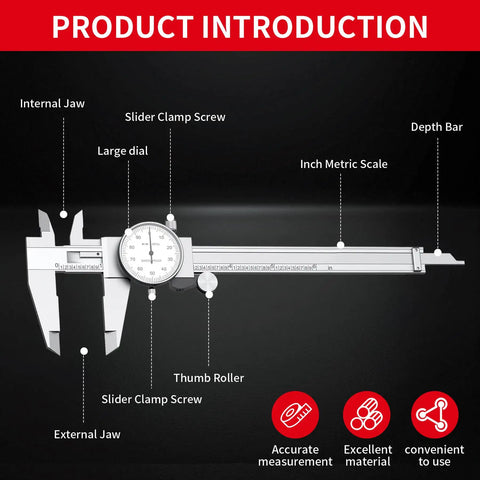 Diagram of 0-6 Inch Dial Caliper Measuring Tool In Imperial Stainless Steel With 4 Way Inside Outside Depth And Step Measurements