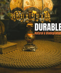Vintage lamp with ornate shade on 1.5 Inch Extra Thick Twisted Natural Fiber Rope Heavy Duty Jute And Hemp Style Manila Rope mat