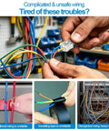 Hands holding 2 pin connectors among colorful wires, showcasing issues with complicated wiring for the 90 Pack 2 Pin Snap Wire Connectors With Heavy Duty Locking Clips And Quick Stripper Tool No Sweat Electrical Wiring Kit For Led Strip Lights And Weekend Diy Fixes.