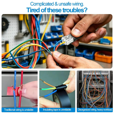 Hands holding 2 pin connectors among colorful wires, showcasing issues with complicated wiring for the 90 Pack 2 Pin Snap Wire Connectors With Heavy Duty Locking Clips And Quick Stripper Tool No Sweat Electrical Wiring Kit For Led Strip Lights And Weekend Diy Fixes.