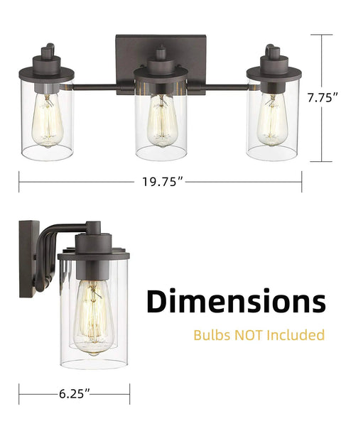 Three Light Farmhouse Vanity Light Fixture For Bathroom Wall Mount In Oil Rubbed Bronze With Clear Glass Shades, dimensions shown