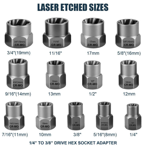 14 Piece Pro Grade CrMo Steel Bolt Extractor Set For Impact Removal Of Stripped Rusted Frozen Or Rounded Bolts And Nuts With Three Eighths Inch Drive Heavy Duty Nut And Bolt Remover Kit, showing various laser-etched sizes.