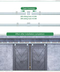Heavy Duty Galvanized Double Barn Door Hardware Kit With Rock Solid Tracks And Slick Rolling Action Engineered For Outdoor Installations On Doors Up To 60 Inches Wide, showcasing installed track connectors and sliding doors.