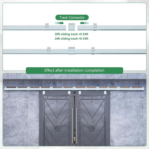 Heavy Duty Galvanized Double Barn Door Hardware Kit With Rock Solid Tracks And Slick Rolling Action Engineered For Outdoor Installations On Doors Up To 60 Inches Wide, showcasing installed track connectors and sliding doors.